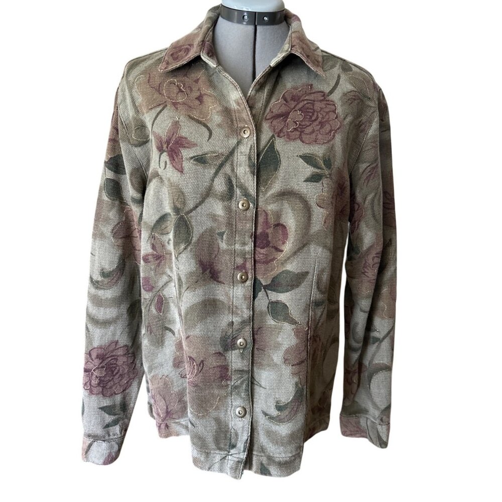 Chicos Design Olive Purple Floral Button-Up Jacket Size 1 Gold Metallic Detail